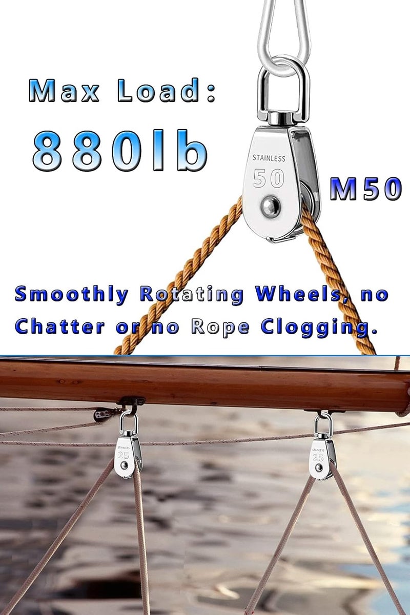 Lsqurel Cable Pulley, Can Swivel Rope Pulley 304 Stainless Steel Pulley Block Small Heavy Duty Pulley M15 M20 M25 M50 Pulley Wheel for Pulley System, Gym Equipment, Hanging, Lifting, etc - Image 3
